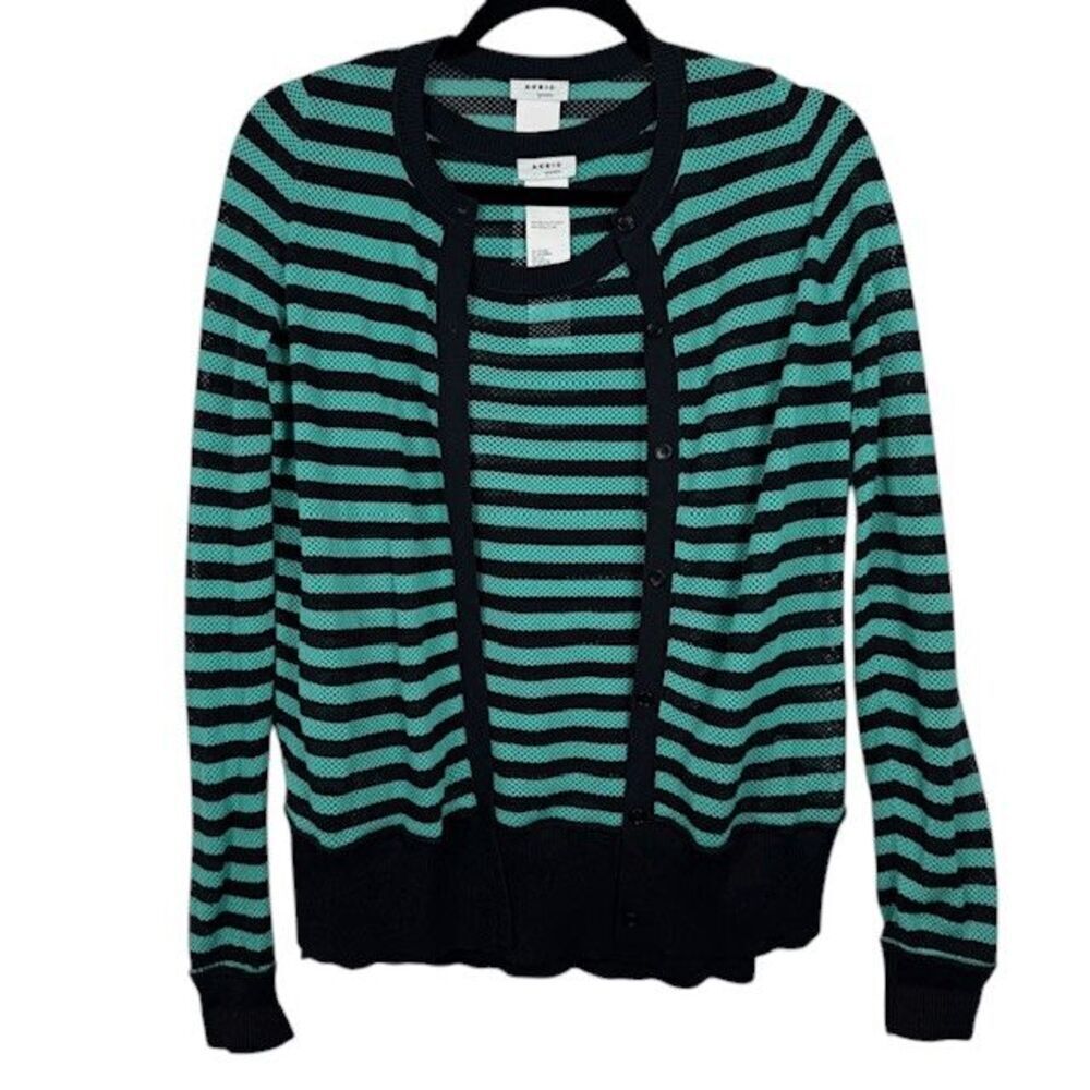 NWOT Akris Punto 2pc Matching Twin Set Cardigan and Tank Aqua Navy Stripe Medium - Picture 3 of 10